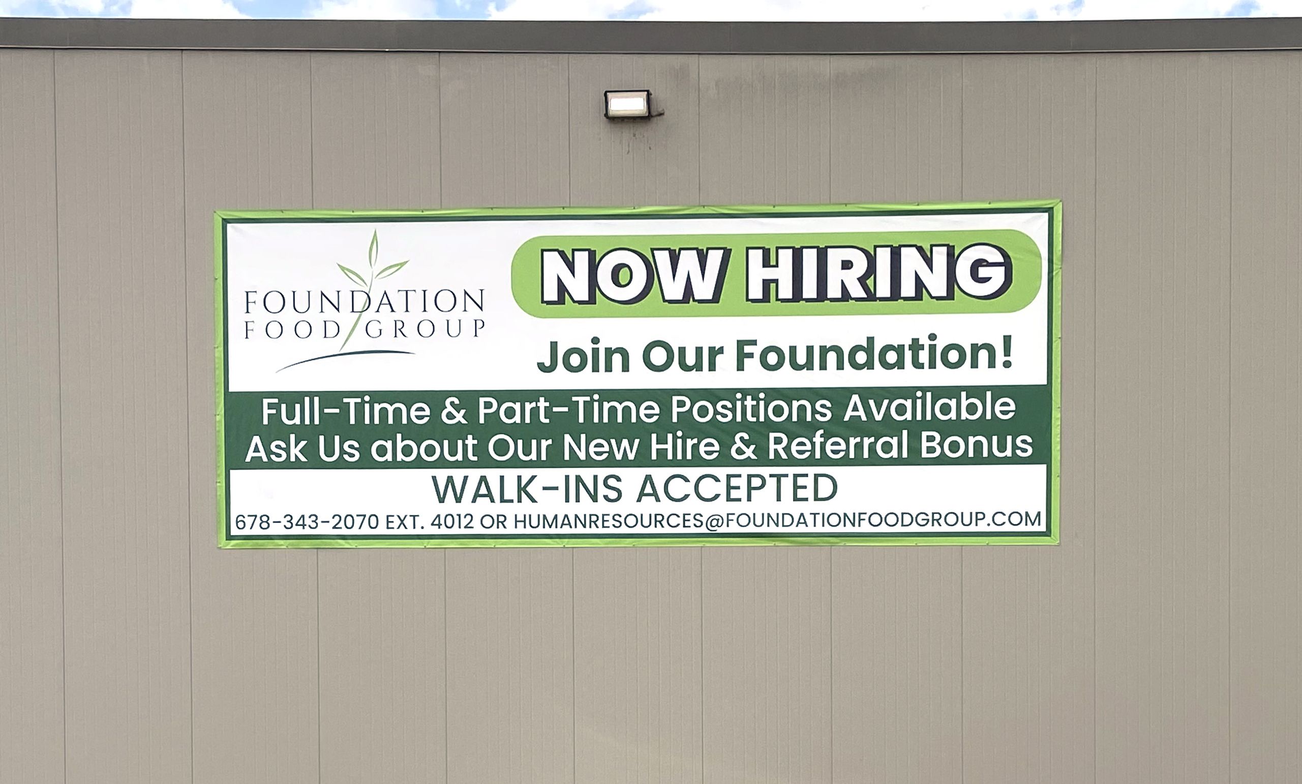 Outdoor vinyl banner for Now Hiring